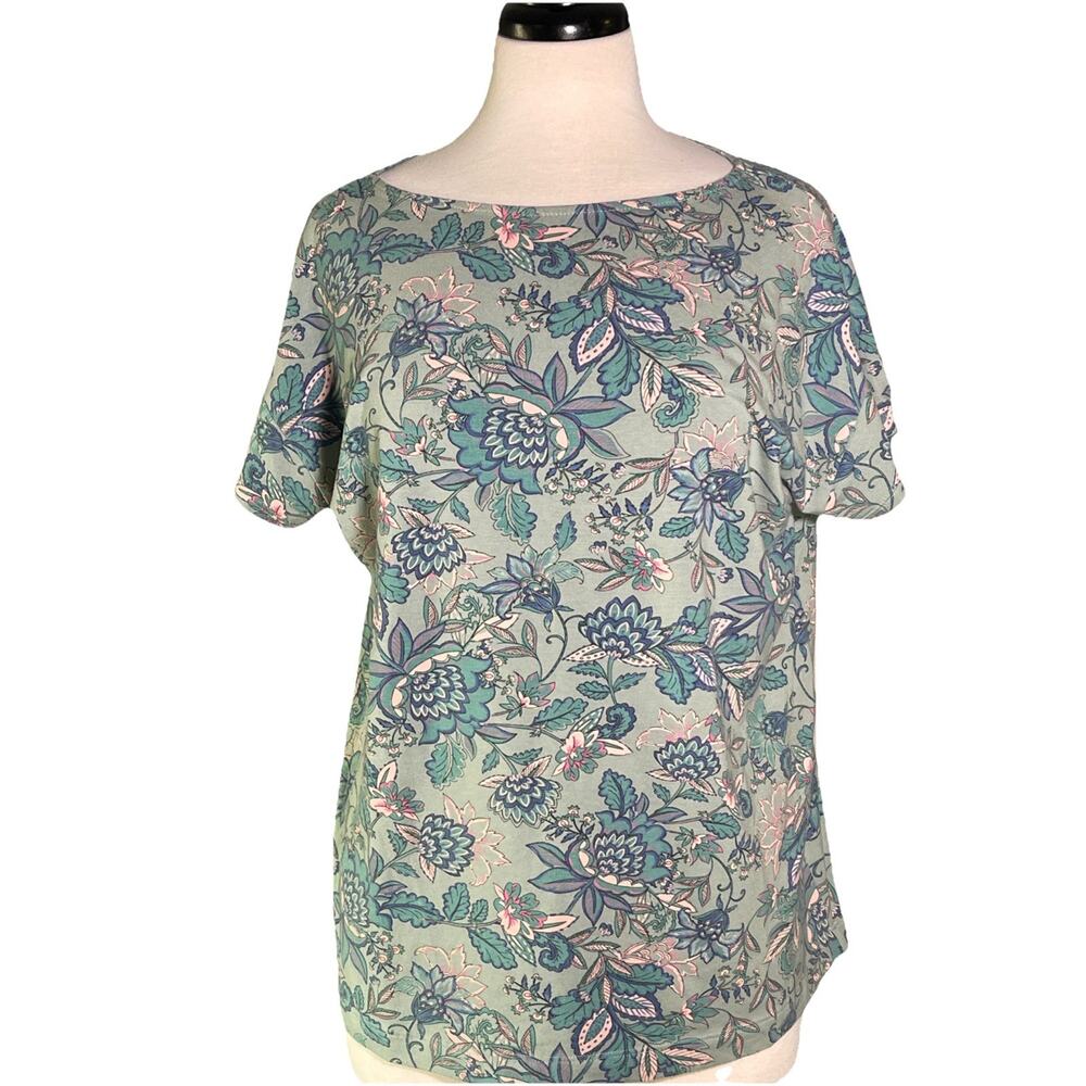 J Jill Shirt Women's M Blue Floral Short Sleeve Pullover